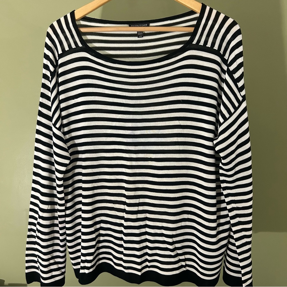 Eileen Fisher Tencel Stripe Bateau Neck Top, Black/Soft White, Large